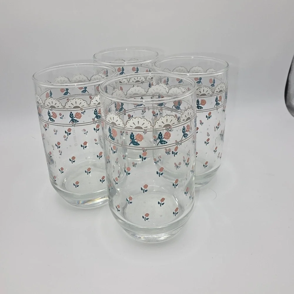 Vintage 1988 CHD Floral Glass Tumblers Set of 4 Pink Rose Scalloped Lace Border